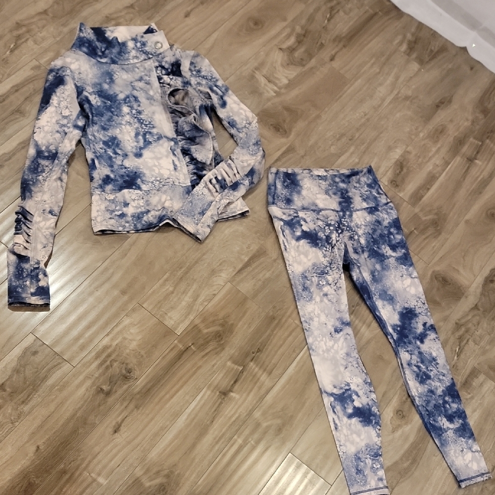 Blue and White Tie-Dye Women's Pants and Jacket Set